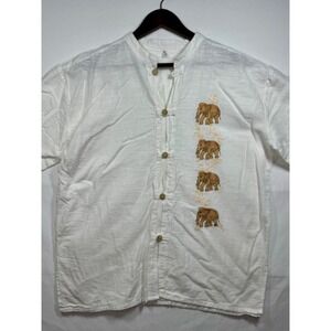 Elephant Embroidered Cotton Shirt Grandad Collar Button‎ Up Casual Top Sz XL